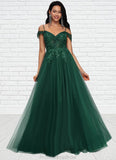 Elyse A-line Off the Shoulder Floor-Length Tulle Prom Dresses With Appliques Lace Sequins STKP0022231