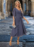 Ainsley A-line V-Neck Tea-Length Chiffon Evening Dress With Pleated STKP0022234