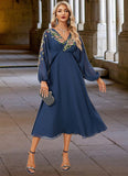 Thirza A-line V-Neck Tea-Length Chiffon Lace Evening Dress STKP0022357