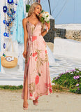 Carlee A-line V-Neck Floor-Length Asymmetrical Satin Bridesmaid Dress With Floral Print STKP0022568
