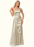 Kailyn A-line One Shoulder Floor-Length Stretch Satin Bridesmaid Dress With Ruffle STKP0022614
