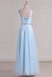 2024 Tulle Straps Bridesmaid Dresses A Line With Ruffles And Beads P64CNTEH