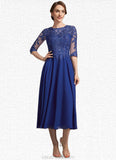 Pamela A-Line Scoop Neck Tea-Length Chiffon Lace Mother of the Bride Dress With Sequins STK126P0014959
