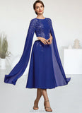 Denisse A-Line Scoop Neck Tea-Length Chiffon Lace Mother of the Bride Dress With Sequins STK126P0014960