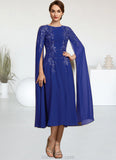 Denisse A-Line Scoop Neck Tea-Length Chiffon Lace Mother of the Bride Dress With Sequins STK126P0014960