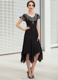 Clare A-Line V-neck Tea-Length Chiffon Lace Mother of the Bride Dress With Sequins STK126P0014967