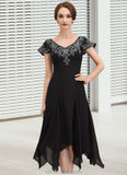 Clare A-Line V-neck Tea-Length Chiffon Lace Mother of the Bride Dress With Sequins STK126P0014967