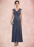 Essence A-Line V-neck Ankle-Length Chiffon Lace Mother of the Bride Dress With Ruffle Beading STK126P0014971