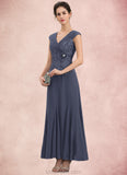 Essence A-Line V-neck Ankle-Length Chiffon Lace Mother of the Bride Dress With Ruffle Beading STK126P0014971