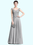 Shania A-Line V-neck Floor-Length Chiffon Mother of the Bride Dress With Appliques Lace STK126P0014974