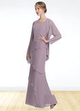 Tamara Sheath/Column Scoop Neck Floor-Length Chiffon Mother of the Bride Dress With Beading Cascading Ruffles STK126P0014975