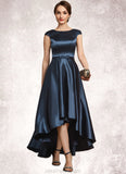 Olive A-Line Scoop Neck Asymmetrical Satin Mother of the Bride Dress With Bow(s) Pockets STK126P0014976