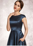 Olive A-Line Scoop Neck Asymmetrical Satin Mother of the Bride Dress With Bow(s) Pockets STK126P0014976