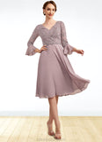 Madelyn A-Line V-neck Knee-Length Chiffon Lace Mother of the Bride Dress With Sequins Cascading Ruffles STK126P0014977
