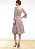 Madelyn A-Line V-neck Knee-Length Chiffon Lace Mother of the Bride Dress With Sequins Cascading Ruffles STK126P0014977