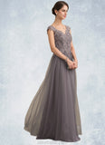 Kennedy A-Line/Princess V-neck Floor-Length Tulle Lace Mother of the Bride Dress With Sequins STK126P0014985