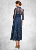 Rosie A-Line V-neck Tea-Length Chiffon Lace Mother of the Bride Dress With Sequins Bow(s) STK126P0015017