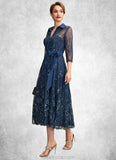 Rosie A-Line V-neck Tea-Length Chiffon Lace Mother of the Bride Dress With Sequins Bow(s) STK126P0015017