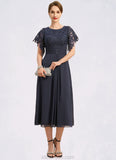 Sherry A-line Scoop Tea-Length Chiffon Lace Mother of the Bride Dress With Pleated STKP0021928