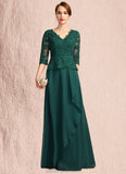 Anna A-line V-Neck Floor-Length Chiffon Lace Mother of the Bride Dress With Cascading Ruffles Sequins STKP0021934