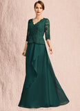 Anna A-line V-Neck Floor-Length Chiffon Lace Mother of the Bride Dress With Cascading Ruffles Sequins STKP0021934