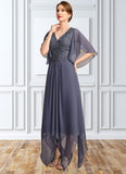 Jode A-line V-Neck Floor-Length Chiffon Lace Mother of the Bride Dress With Sequins STKP0021963