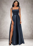 Melinda A-line Straight Floor-Length Satin Prom Dresses With Bow STKP0022195