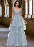 Rachael Ball-Gown/Princess Halter V-Neck Floor-Length Tulle Prom Dresses With Beading Rhinestone Sequins STKP0022199