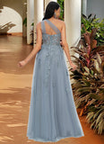 Marissa A-line One Shoulder Floor-Length Tulle Prom Dresses With Appliques Lace Sequins STKP0022200