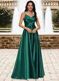 Jimena A-line V-Neck Floor-Length Stretch Satin Prom Dresses STKP0022211