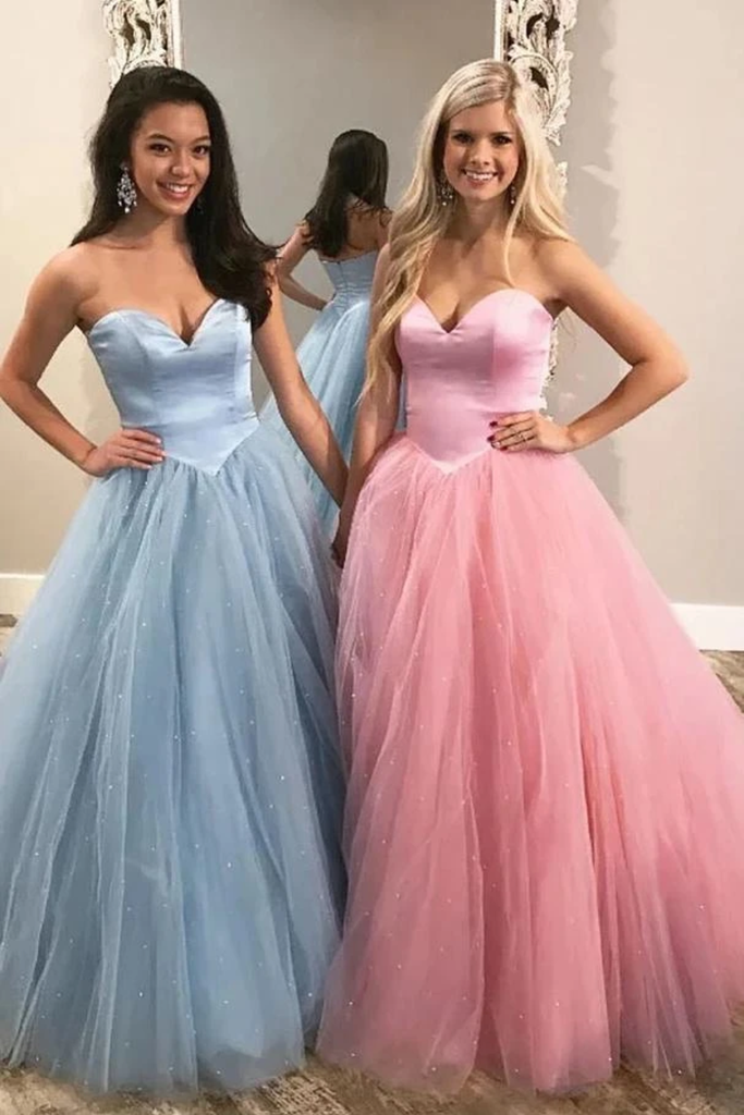 Unique Ball Gown Sweetheart Strapless Tulle Prom Dresses Cheap Formal STKP9XCMAHS