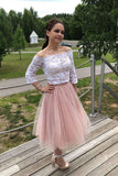 3/4 Sleeves Lace Off-Shoulder Short Prom Dresses Two Piece Hoco Dresses