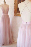 Simple A-line V-neck Long Pink Prom Dress with Criss Cross Back Prom Dresses