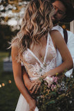 Flowy A Line V Neck Tulle Wedding Dresses with Beads Lace Appliques, Beach Bridal Dresses STK15517