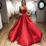 Red Ball Gown Off the Shoulder V Neck Satin Prom Dresses, Evening STK15660