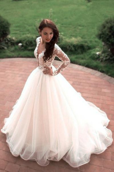 Boho Princess A-Line V-Neck Tulle Ivory Long Sleeves Wedding Gowns