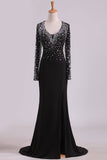 2024 Open Back Long Sleeves With Beading And Slit Prom Dresses Sweep Train P2ZXHL4Y