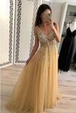 Simple A Line Tulle Beads V Neck Straps Backless Prom Dresses Long Evening Dresses