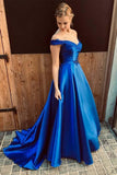 Royal Blue Sweetheart Off the Shoulder Satin Lace up Prom Dresses with Appliques