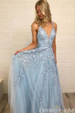 Sky Blue Prom Dresses Spaghetti Straps Sleeveless Lace Appliques Party Dresses