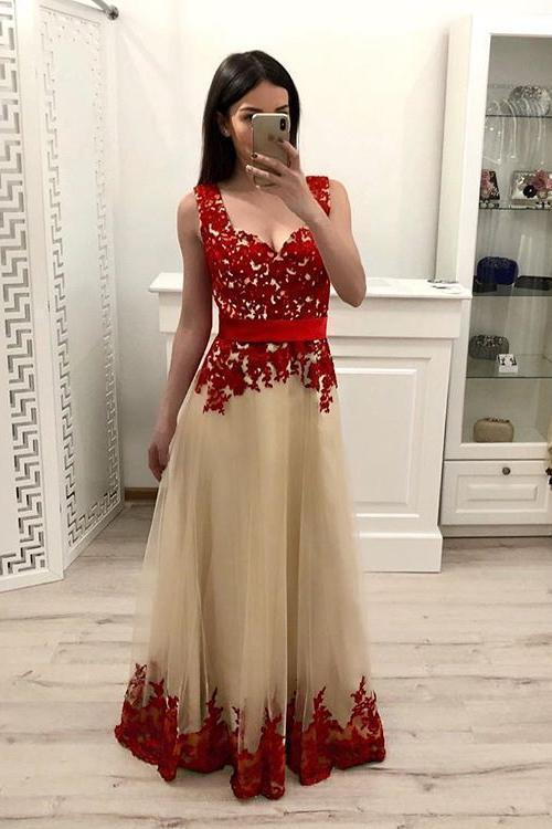 A line Tulle Red Lace Appliques V Neck Prom Dresses with Tulle Long Evening Dresses