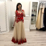 A line Tulle Red Lace Appliques V Neck Prom Dresses with Tulle Long Evening Dresses