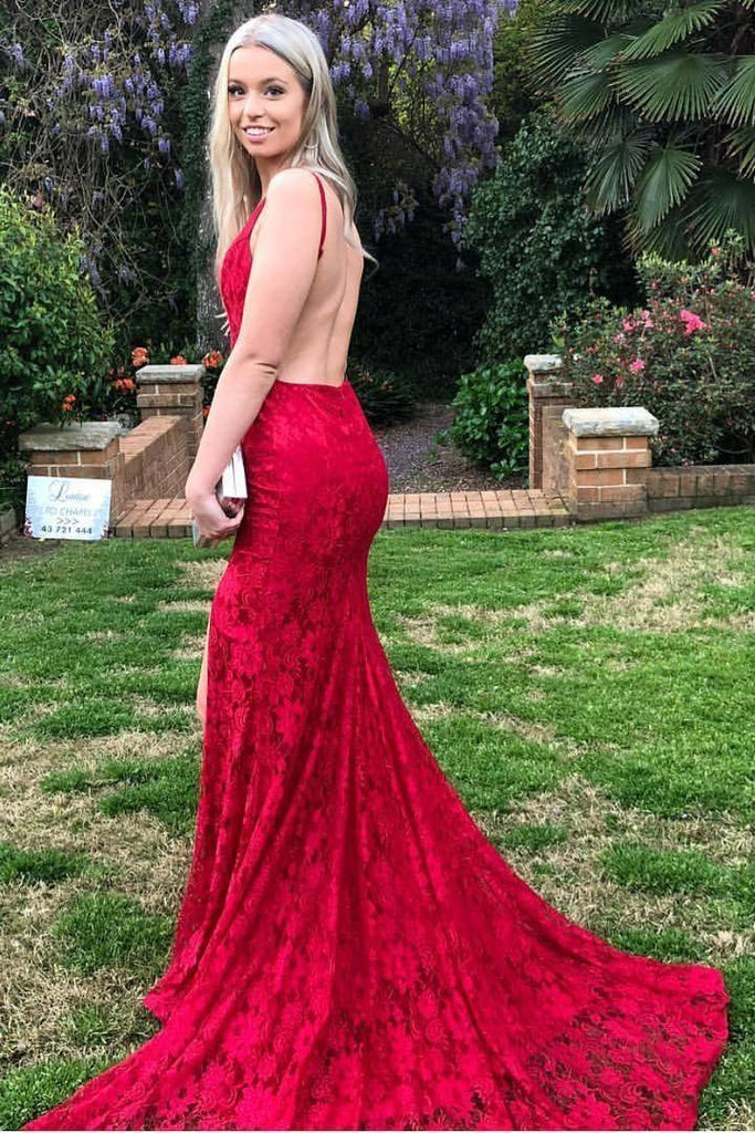 Mermaid Red Lace Backless V Neck Long Prom Dresses Cheap Evening Dresses