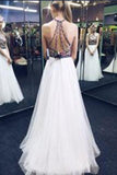 Nectarean Halter Sleeveless Sweep Train White Prom Dress with Printed Flowers
