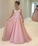 Princess pink organza lace A-line long prom dress with straps for