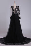 2024 Prom Dresses Scoop Long Sleeves Tulle With Slit And PL8XJQYF