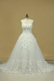 2024 A Line Spaghetti Straps Court Train Wedding Dresses Tulle With Applique And Handmade PNPCN3JZ