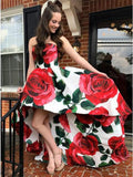 A Line Strapless High Low Red Rose Floral Satin Prom Dresses, Long Evening Dress STK15556