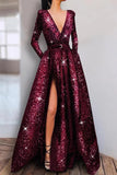 Sparkly Long Sleeves Sequins Split Evening Dresses, Long Formal Gown With Pockets