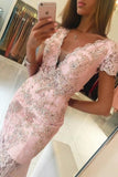 2022 V Neck Short Sleeves Prom Dresses Mermaid Lace With Applique P69CR48R